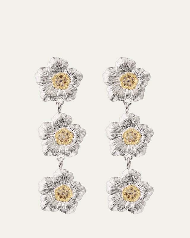 Blossoms Gardenia Sterling Silver and 18K Yellow Gold Diamond Triple Drop Earrings